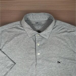 Vineyard Vines Men's Large Polo On The Go Sankaty Gray White Striped OTG Stretch